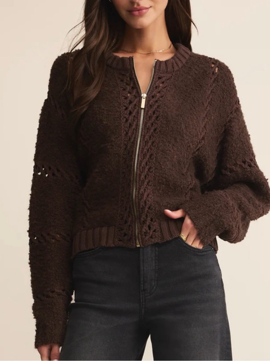 Z Supply Sweaters - Z Supply Chocolate Brown Open-Knit Zip Cardigan